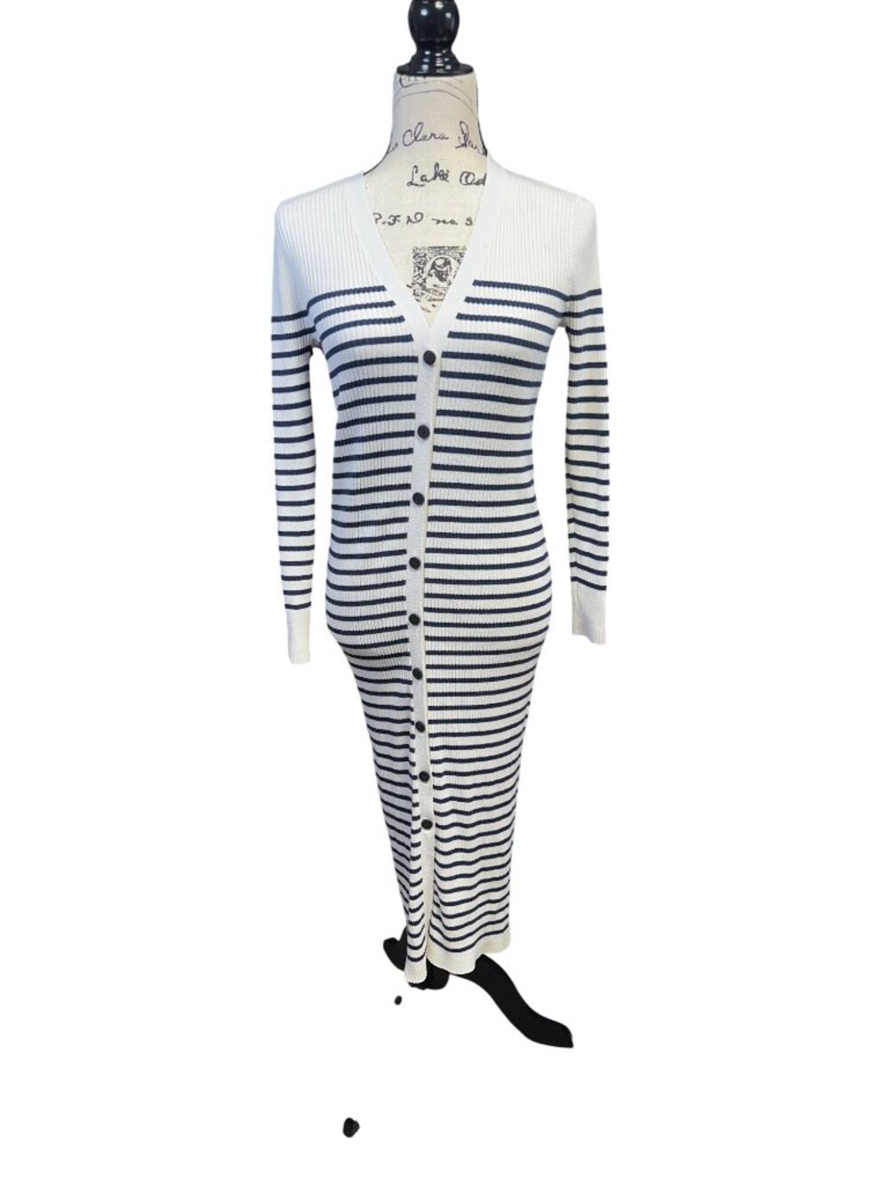 Loft Striped Ribbed Long Button-Up Cardigan Dress White & Navy M
